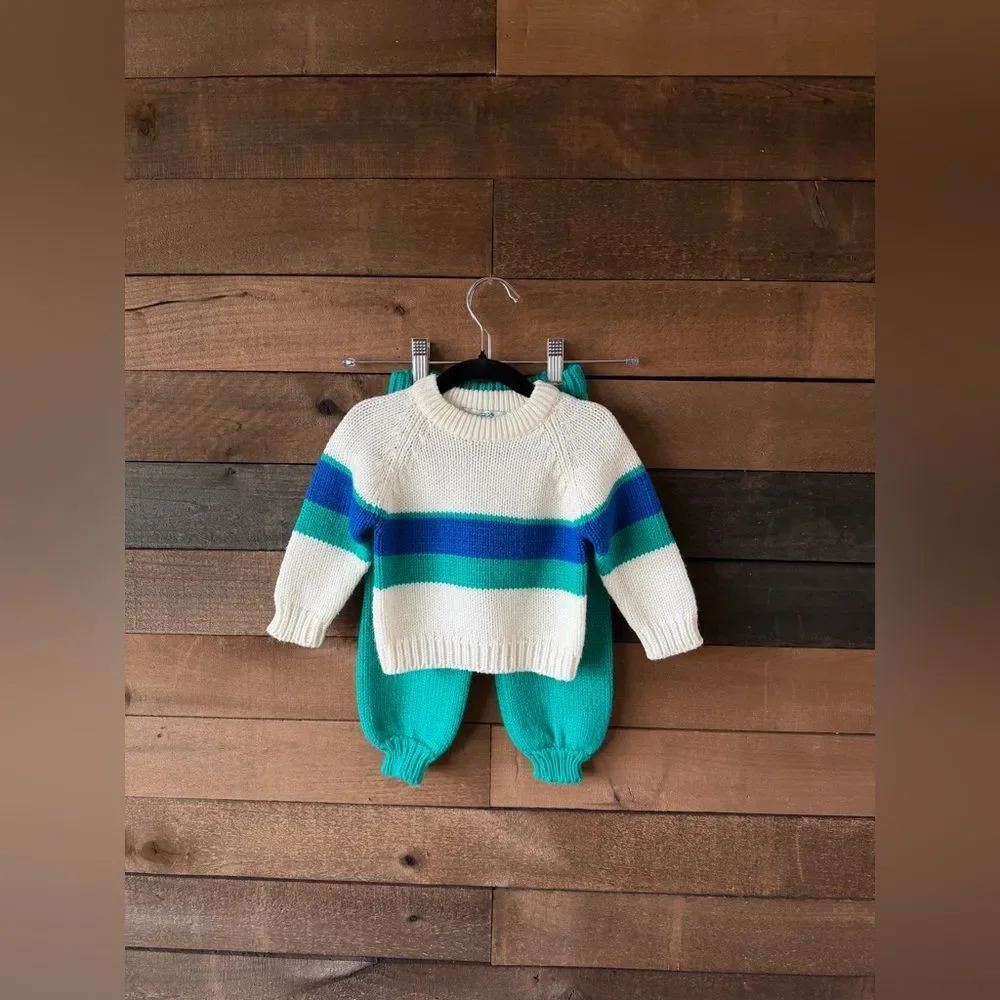 Vintage 80s Stork Club Knit Toddler Set Cream Stripe 12M